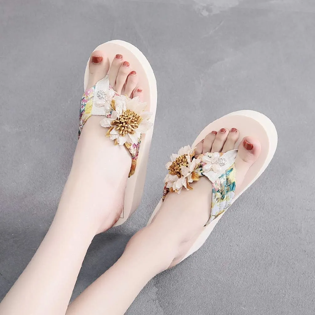 MIOKE Women's Flower Wedge High Heel Flipflops Summer Platform Comfort Anti-slip EVA Beach Thong Sandals