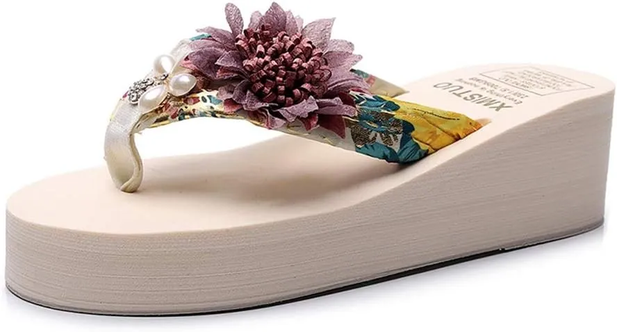 MIOKE Women's Flower Wedge High Heel Flipflops Summer Platform Comfort Anti-slip EVA Beach Thong Sandals