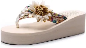 MIOKE Women's Flower Wedge High Heel Flipflops Summer Platform Comfort Anti-slip EVA Beach Thong Sandals