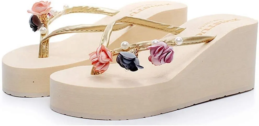 MIOKE Women's Flower Wedge High Heel Flipflops Summer Platform Comfort Anti-slip EVA Beach Thong Sandals