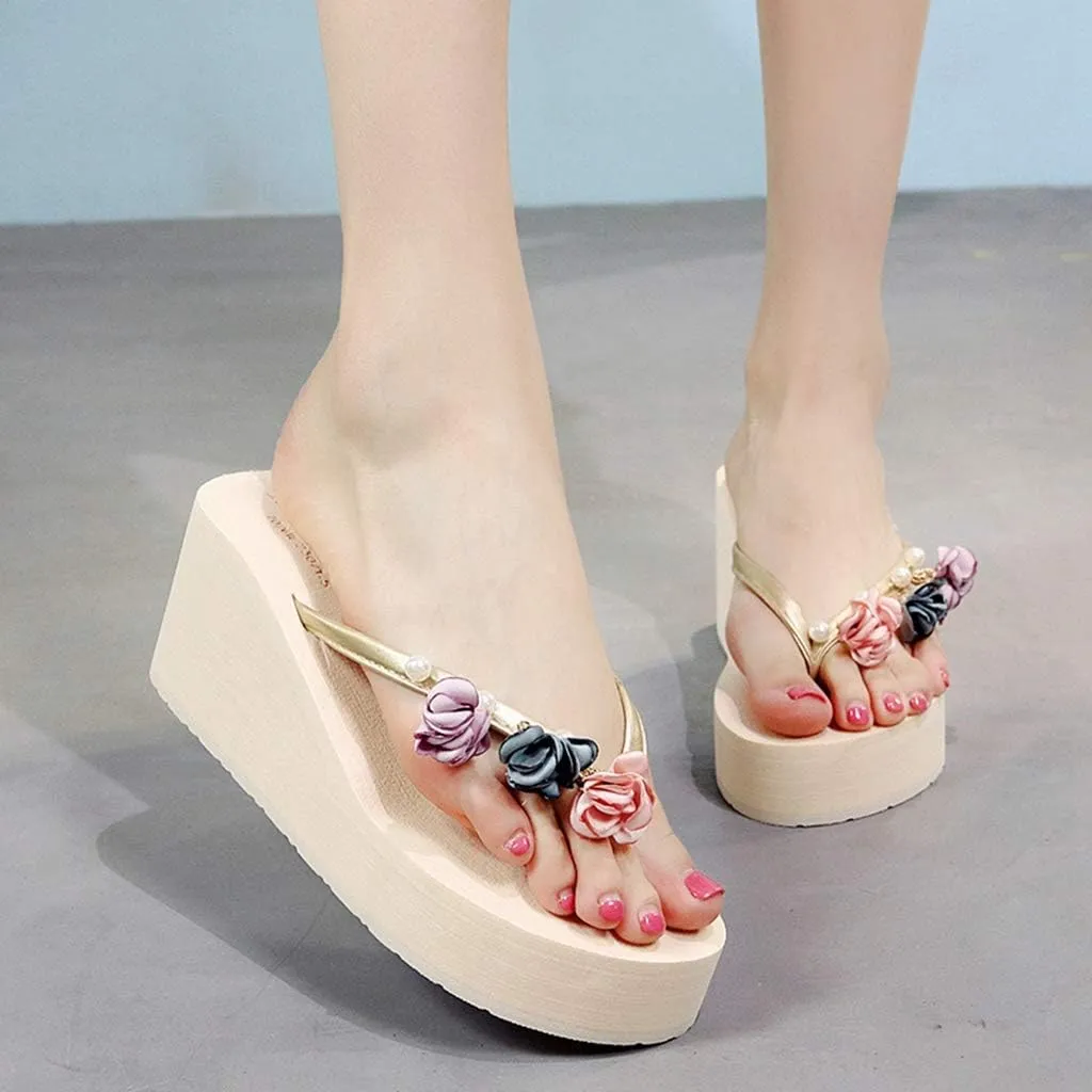 MIOKE Women's Flower Wedge High Heel Flipflops Summer Platform Comfort Anti-slip EVA Beach Thong Sandals