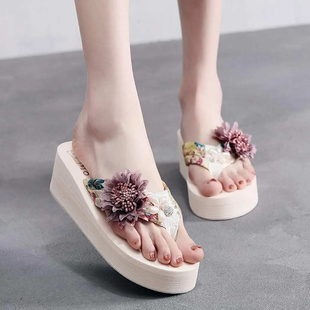 MIOKE Women's Flower Wedge High Heel Flipflops Summer Platform Comfort Anti-slip EVA Beach Thong Sandals