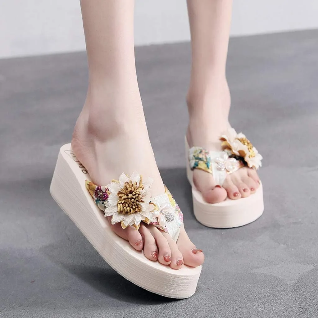 MIOKE Women's Flower Wedge High Heel Flipflops Summer Platform Comfort Anti-slip EVA Beach Thong Sandals