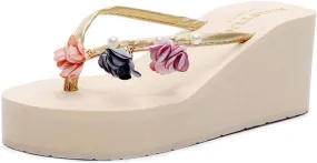 MIOKE Women's Flower Wedge High Heel Flipflops Summer Platform Comfort Anti-slip EVA Beach Thong Sandals