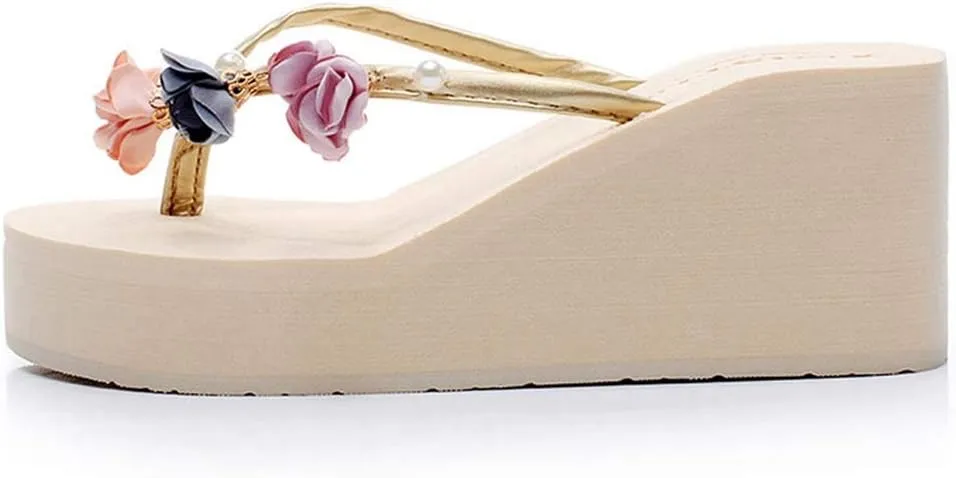 MIOKE Women's Flower Wedge High Heel Flipflops Summer Platform Comfort Anti-slip EVA Beach Thong Sandals