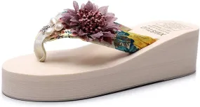 MIOKE Women's Flower Wedge High Heel Flipflops Summer Platform Comfort Anti-slip EVA Beach Thong Sandals