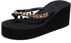 MIOKE Women's High Heel Wedge Flipflops Sparkly Rhinestone Summer Platform Anti-Slip Beach Thong Sandals