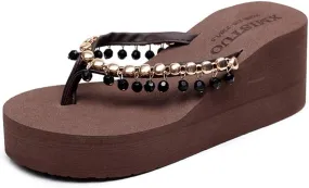 MIOKE Women's High Heel Wedge Flipflops Sparkly Rhinestone Summer Platform Anti-Slip Beach Thong Sandals