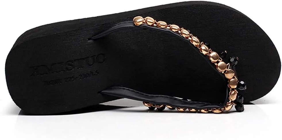 MIOKE Women's High Heel Wedge Flipflops Sparkly Rhinestone Summer Platform Anti-Slip Beach Thong Sandals