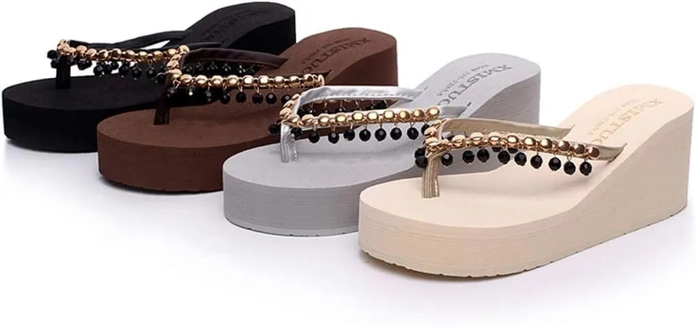MIOKE Women's High Heel Wedge Flipflops Sparkly Rhinestone Summer Platform Anti-Slip Beach Thong Sandals