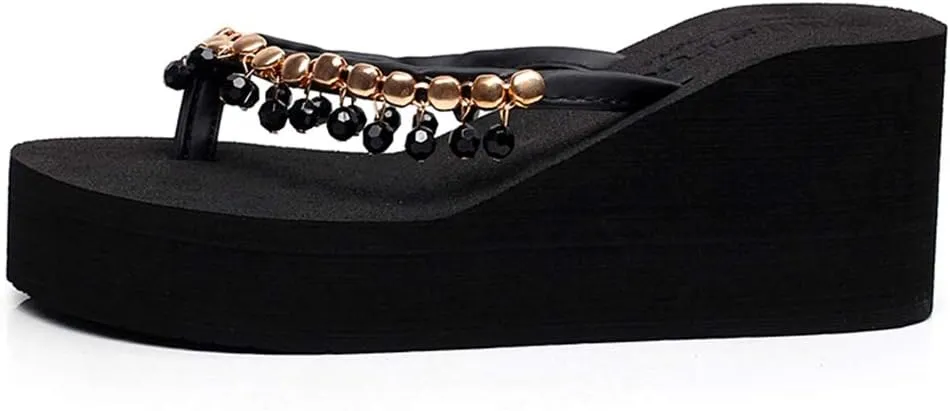 MIOKE Women's High Heel Wedge Flipflops Sparkly Rhinestone Summer Platform Anti-Slip Beach Thong Sandals