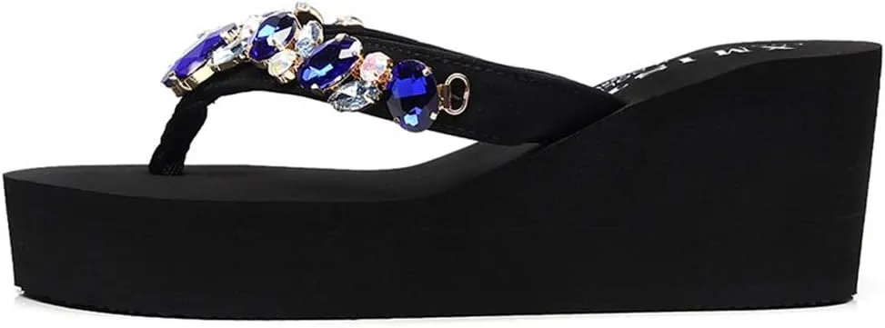 MIOKE Women's Sparkly Rhinestone Wedge Flipflops Summer Platform High Heel Anti-Slip Beach Thong Sandals
