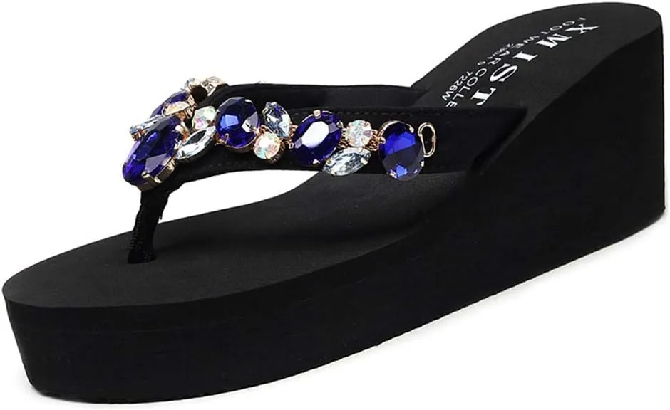 MIOKE Women's Sparkly Rhinestone Wedge Flipflops Summer Platform High Heel Anti-Slip Beach Thong Sandals