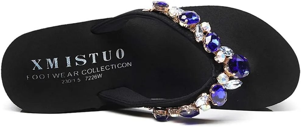 MIOKE Women's Sparkly Rhinestone Wedge Flipflops Summer Platform High Heel Anti-Slip Beach Thong Sandals