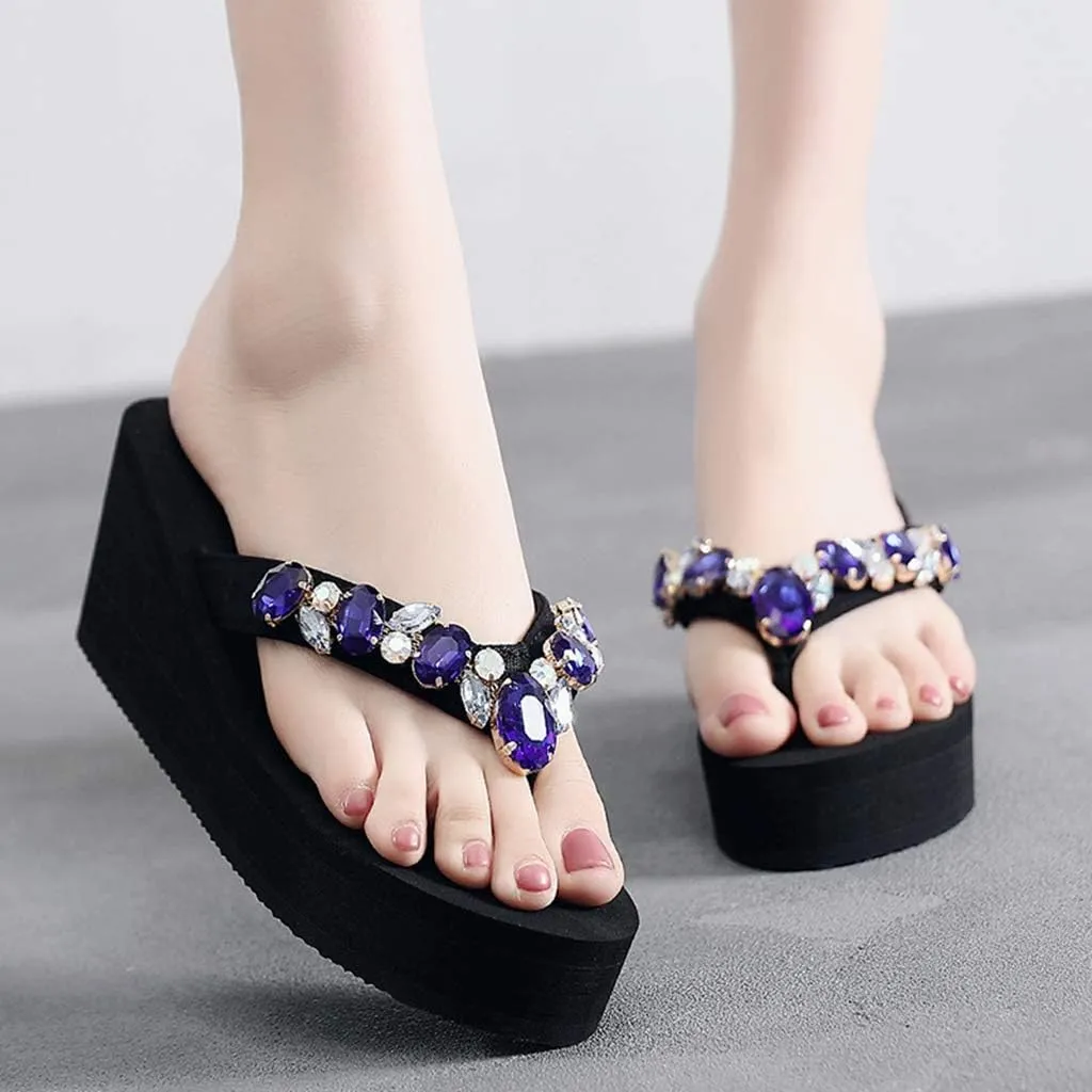 MIOKE Women's Sparkly Rhinestone Wedge Flipflops Summer Platform High Heel Anti-Slip Beach Thong Sandals