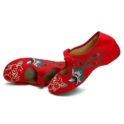 Peacock Chinese Embroidered Buckle Slip On Folkways Flat Shoes