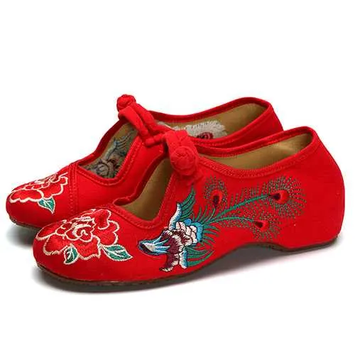 Peacock Chinese Embroidered Buckle Slip On Folkways Flat Shoes