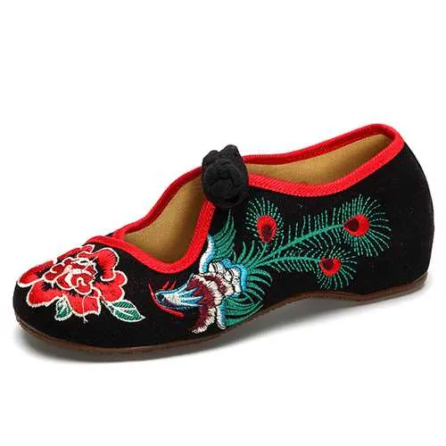 Peacock Chinese Embroidered Buckle Slip On Folkways Flat Shoes