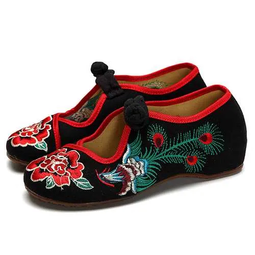 Peacock Chinese Embroidered Buckle Slip On Folkways Flat Shoes