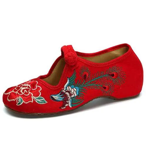 Peacock Chinese Embroidered Buckle Slip On Folkways Flat Shoes