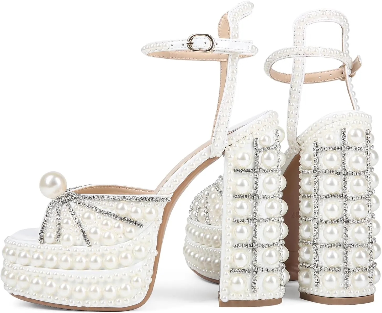 Saint Leia Women's Platform High Heels Square Open Toe Pearl Heels Buckle Rhinestones Summer Elegant Sandals