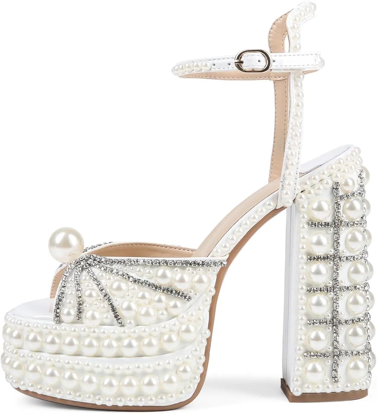 Saint Leia Women's Platform High Heels Square Open Toe Pearl Heels Buckle Rhinestones Summer Elegant Sandals