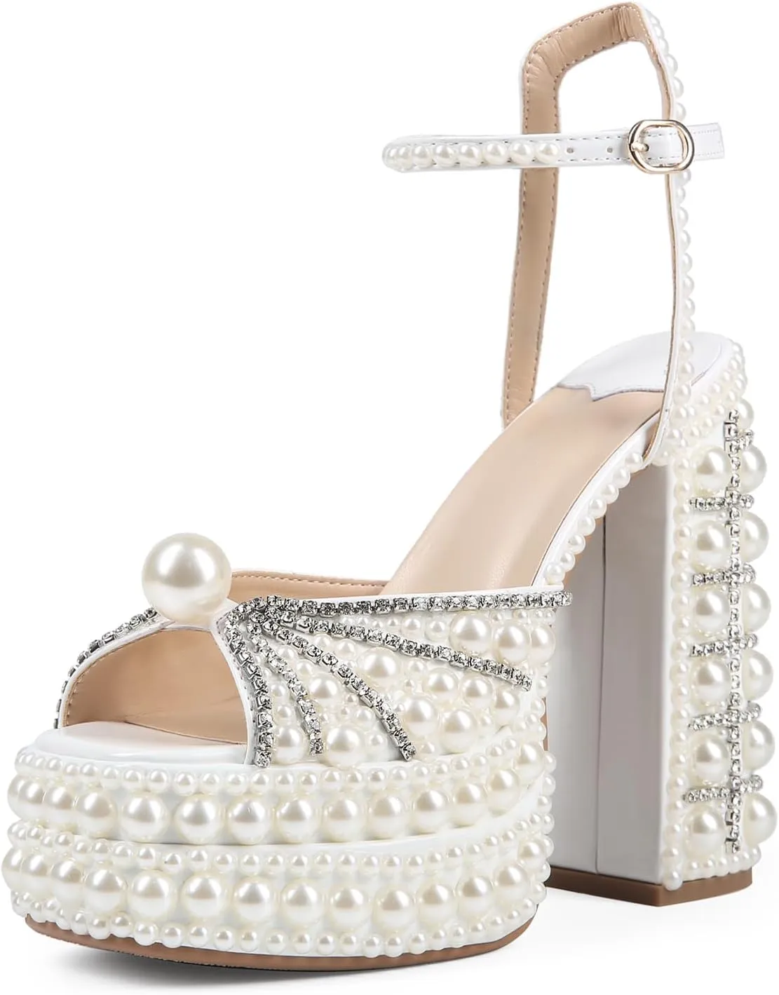 Saint Leia Women's Platform High Heels Square Open Toe Pearl Heels Buckle Rhinestones Summer Elegant Sandals