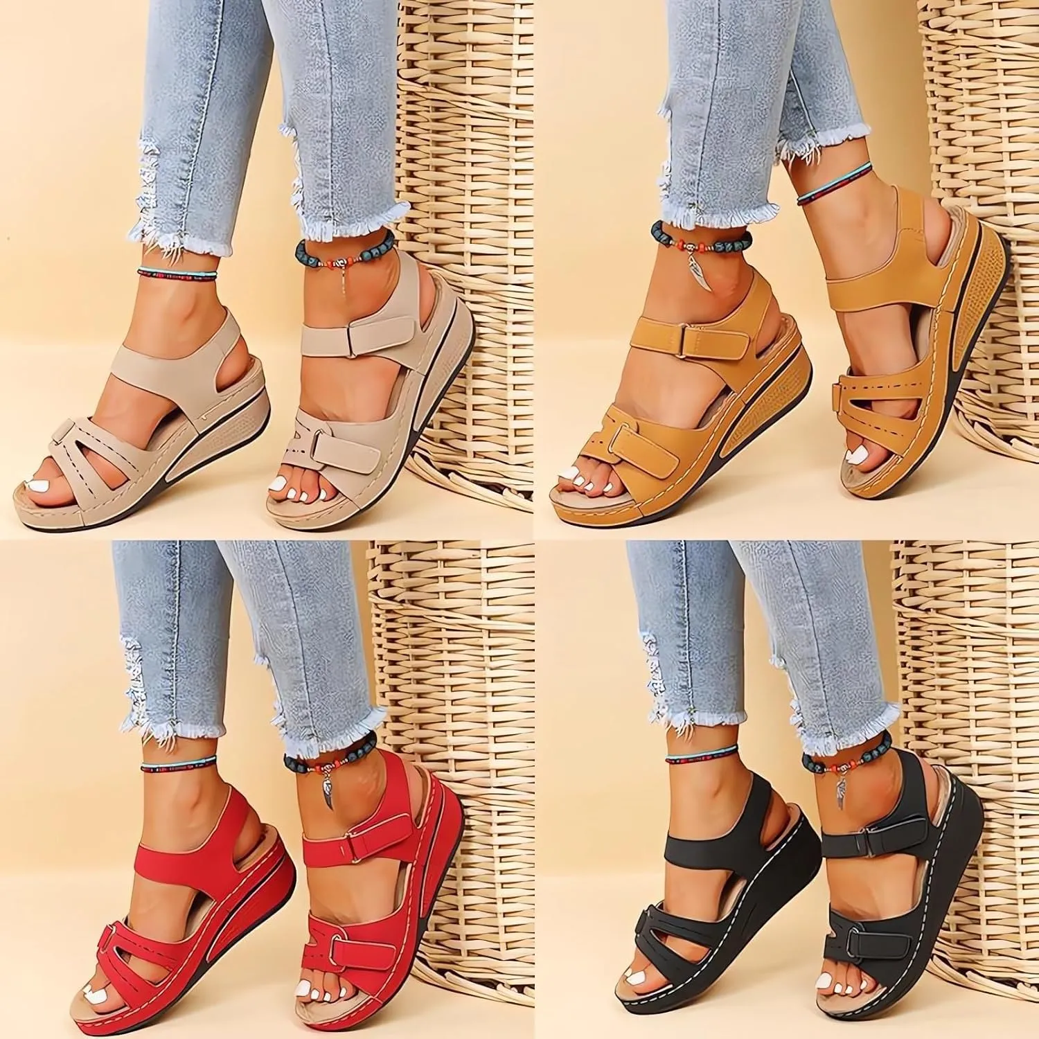 Soft & Stylish Wedge Sandals, Leather Orthopedic Walking Platform Sandals, Women Summer Sandals with Arch Support(Black,36)