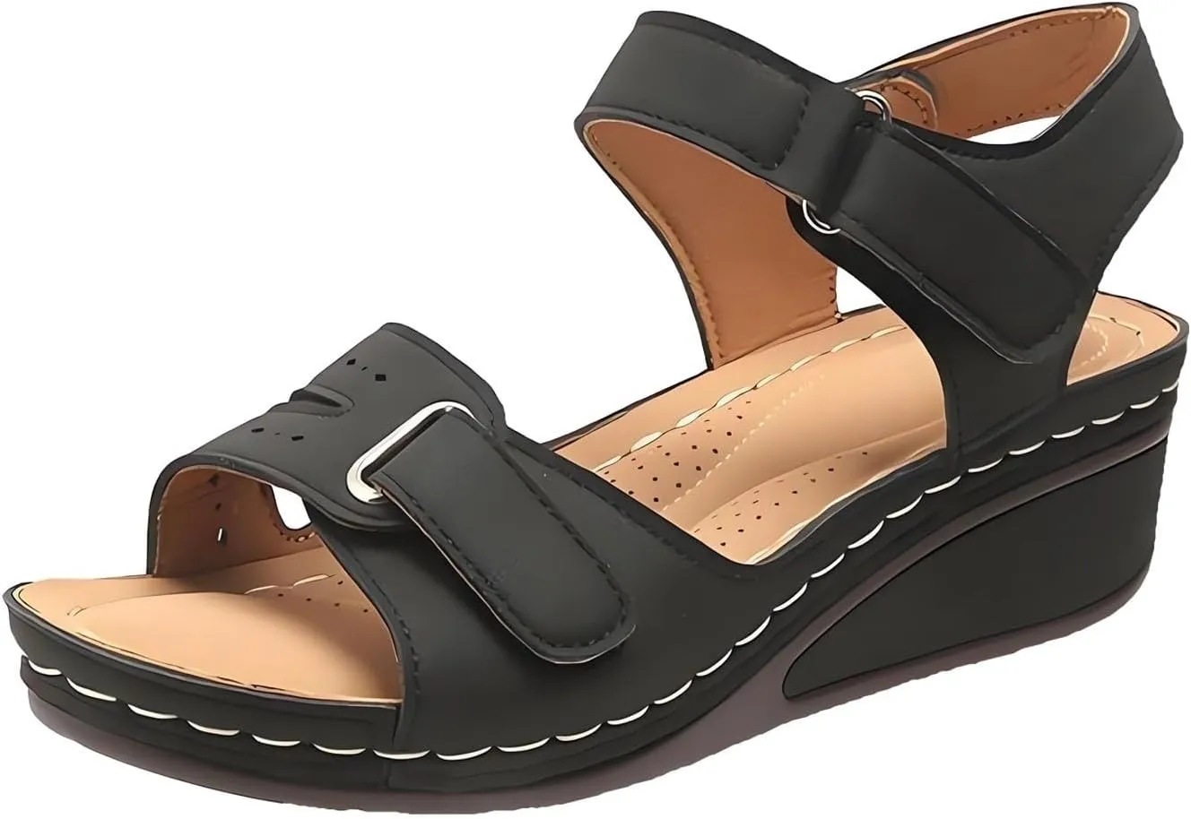 Soft & Stylish Wedge Sandals, Leather Orthopedic Walking Platform Sandals, Women Summer Sandals with Arch Support(Black,36)