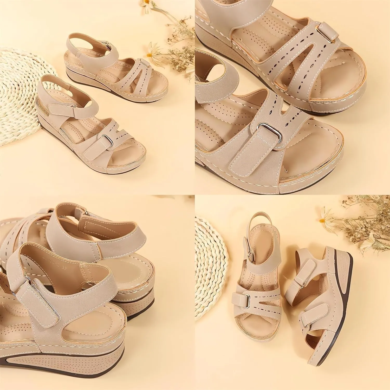 Soft & Stylish Wedge Sandals, Leather Orthopedic Walking Platform Sandals, Women Summer Sandals with Arch Support(Black,36)