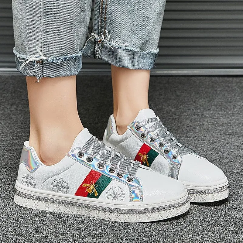 Trendy Breathable Board Shoes with Gold Accents and Floral Design