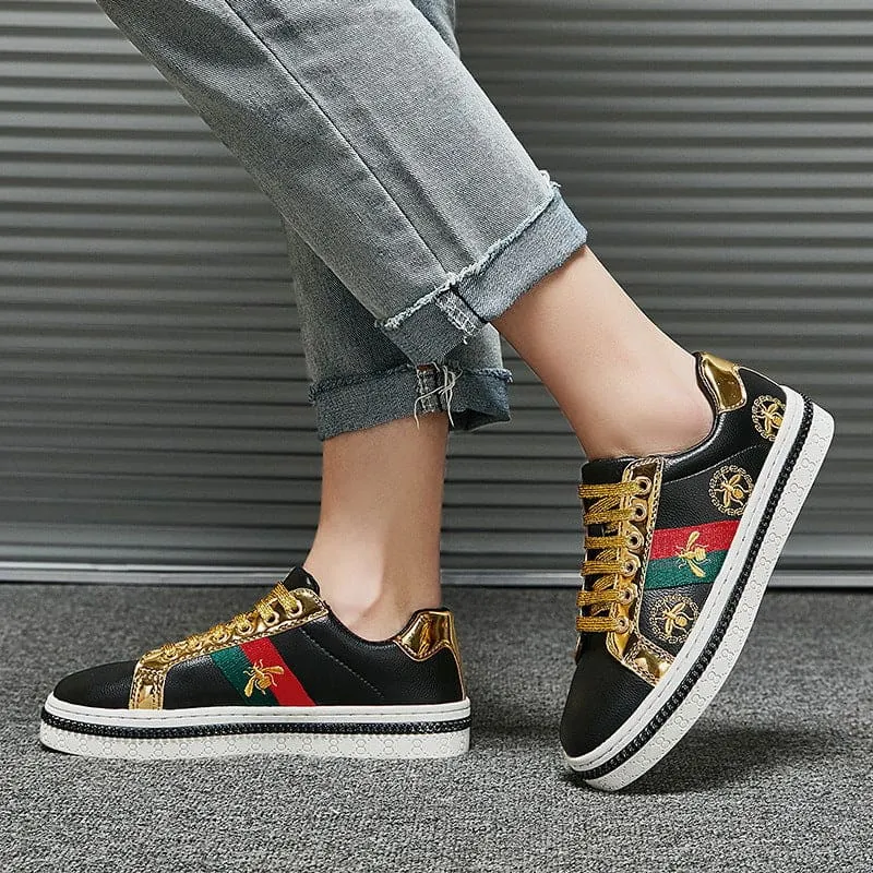 Trendy Breathable Board Shoes with Gold Accents and Floral Design