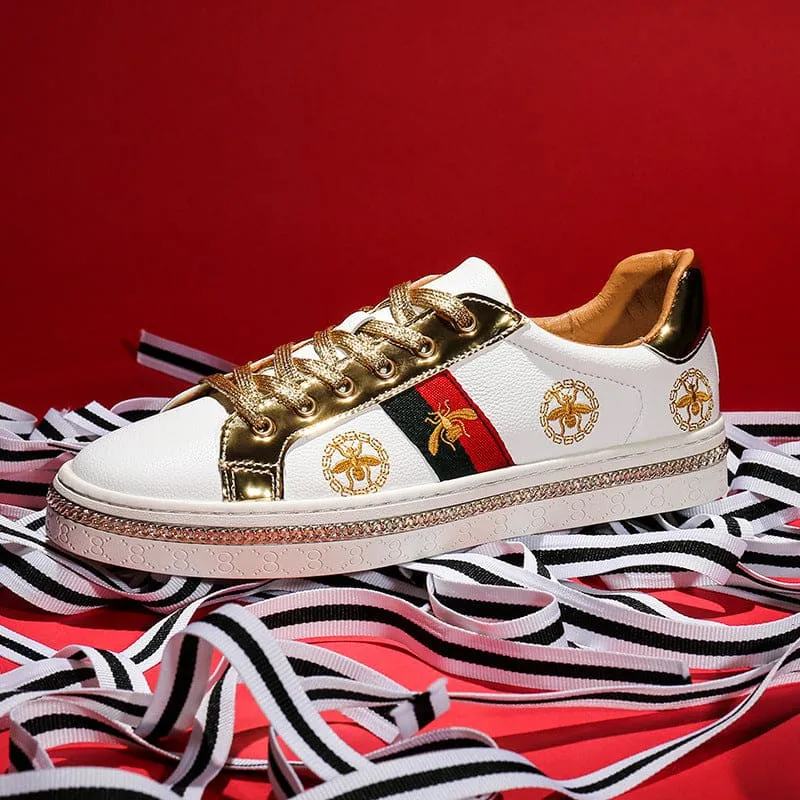 Trendy Breathable Board Shoes with Gold Accents and Floral Design