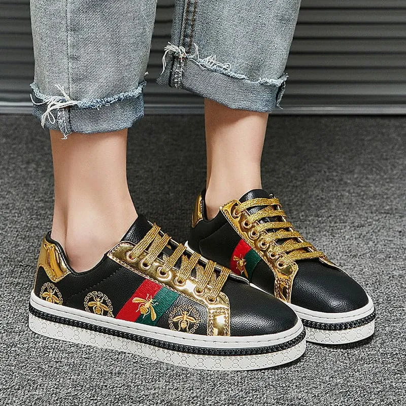Trendy Breathable Board Shoes with Gold Accents and Floral Design