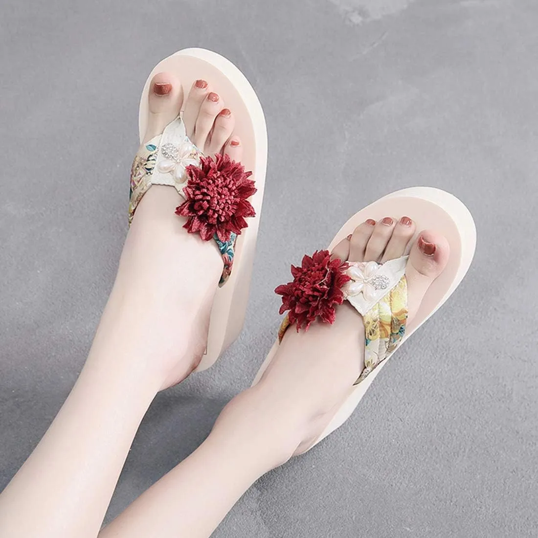 VOKLIN Women's Bohemian Flower Wedge Flipflop Sandals Summer Platform Nonslip High Heel Beach Thong Sandal