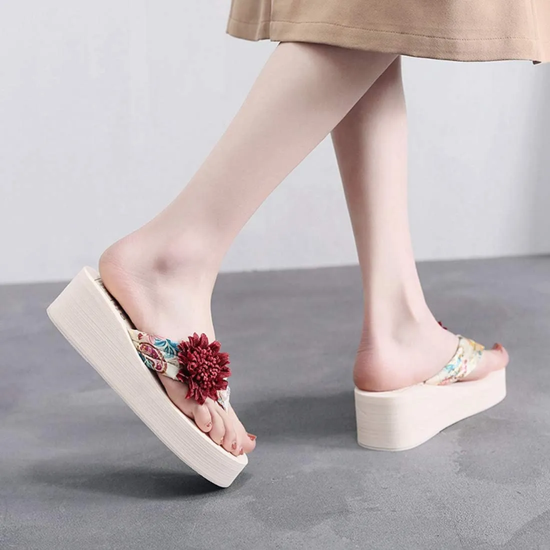 VOKLIN Women's Bohemian Flower Wedge Flipflop Sandals Summer Platform Nonslip High Heel Beach Thong Sandal