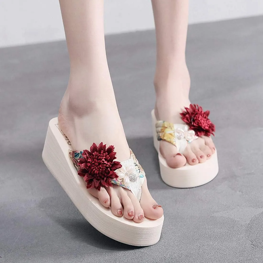VOKLIN Women's Bohemian Flower Wedge Flipflop Sandals Summer Platform Nonslip High Heel Beach Thong Sandal