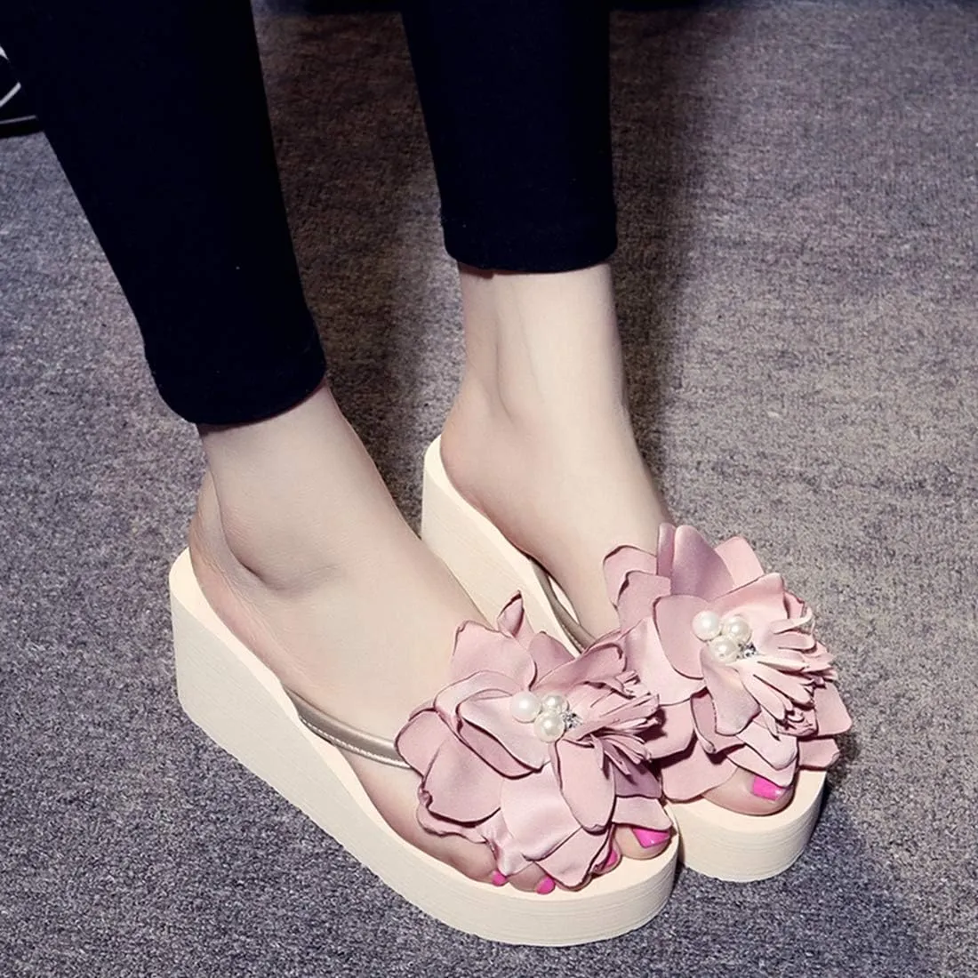 VOKLIN Women's Wedge High Heel Flower Flipflops Fashion Bohemian Summer Platform Nonslip Beach Thong Sandals