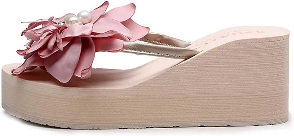 VOKLIN Women's Wedge High Heel Flower Flipflops Fashion Bohemian Summer Platform Nonslip Beach Thong Sandals