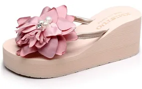 VOKLIN Women's Wedge High Heel Flower Flipflops Fashion Bohemian Summer Platform Nonslip Beach Thong Sandals