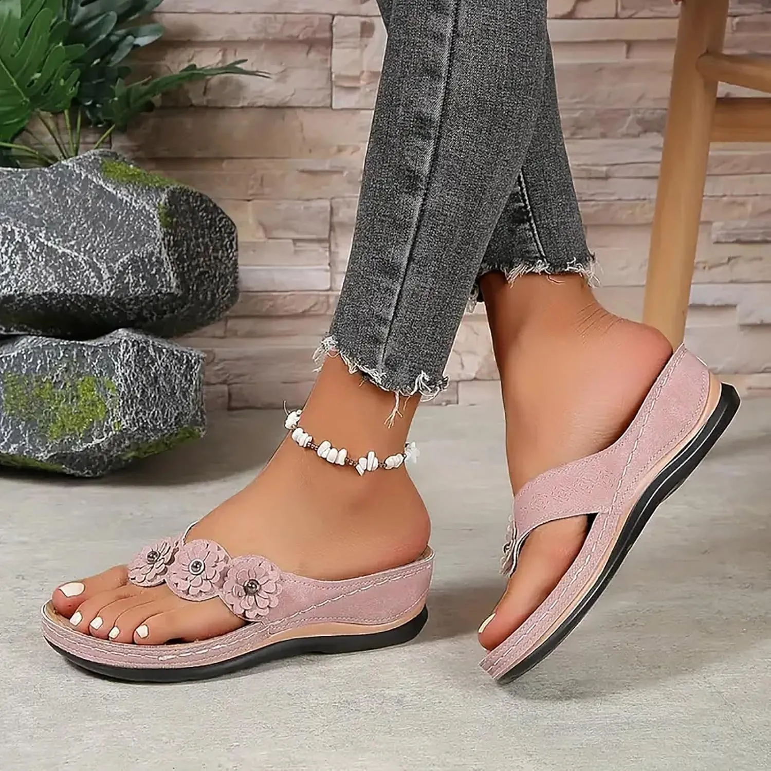 Wedge Sandals for Women Low Heel,Classic Open Toe Sandals with Back Zipper Sparkly Rhinestone Hollow Summer Sandals