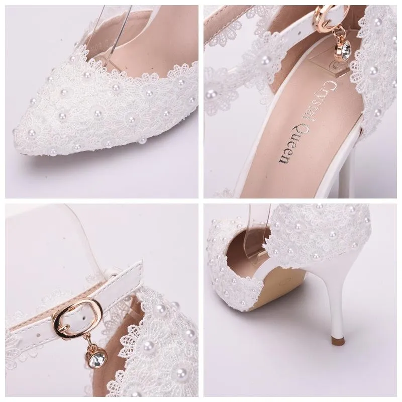 White lace closed toe ankle strap wedding heels