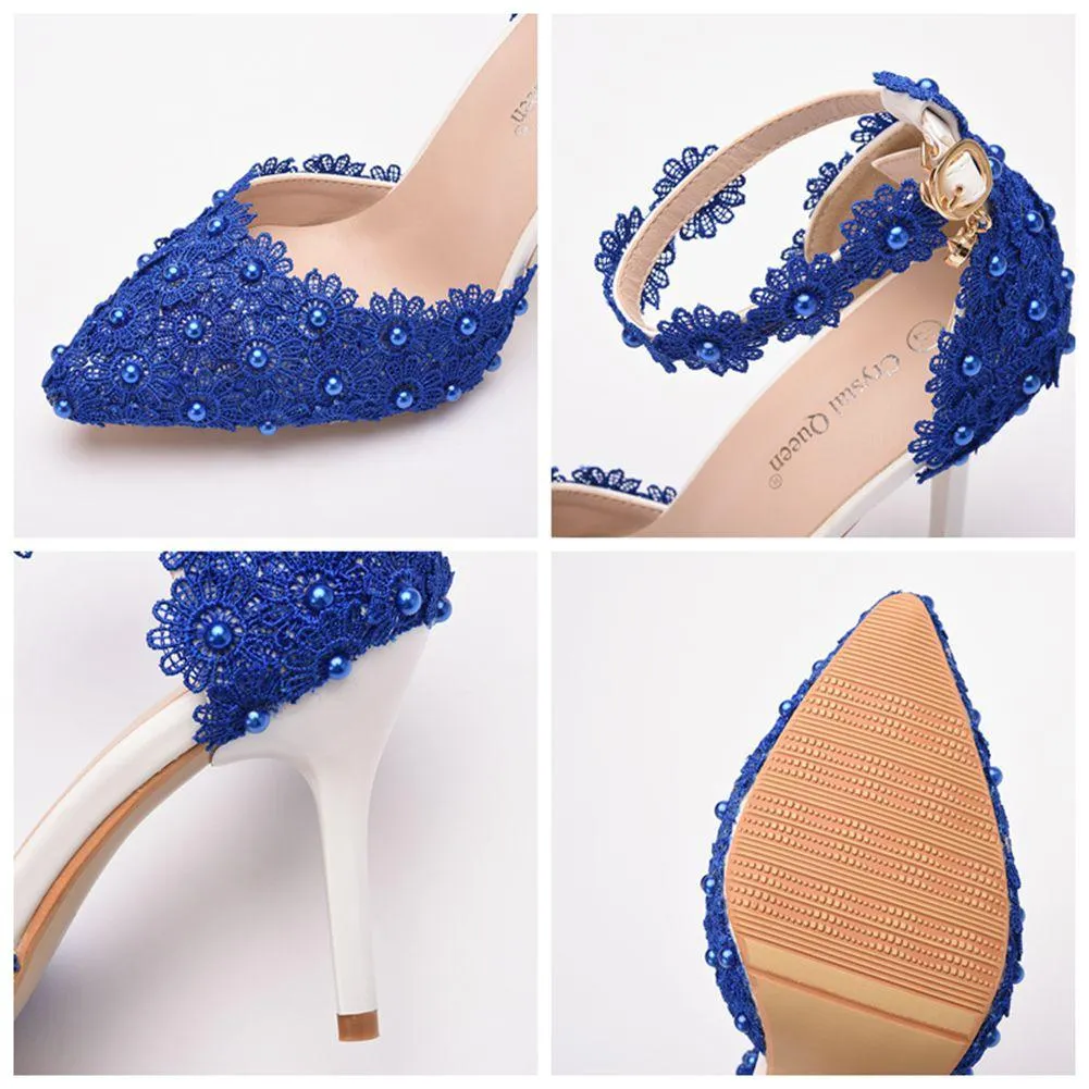 White lace closed toe ankle strap wedding heels