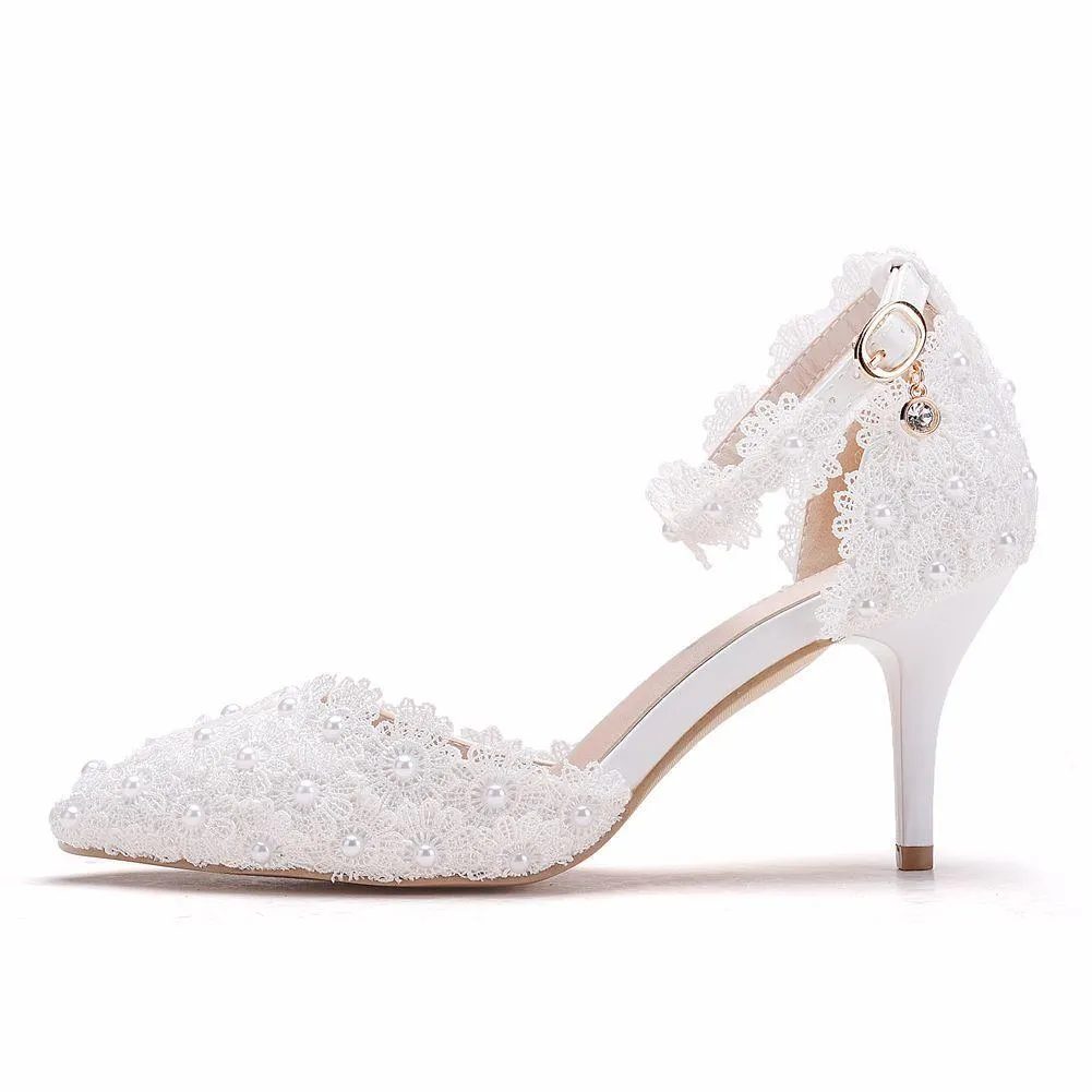 White lace closed toe ankle strap wedding heels