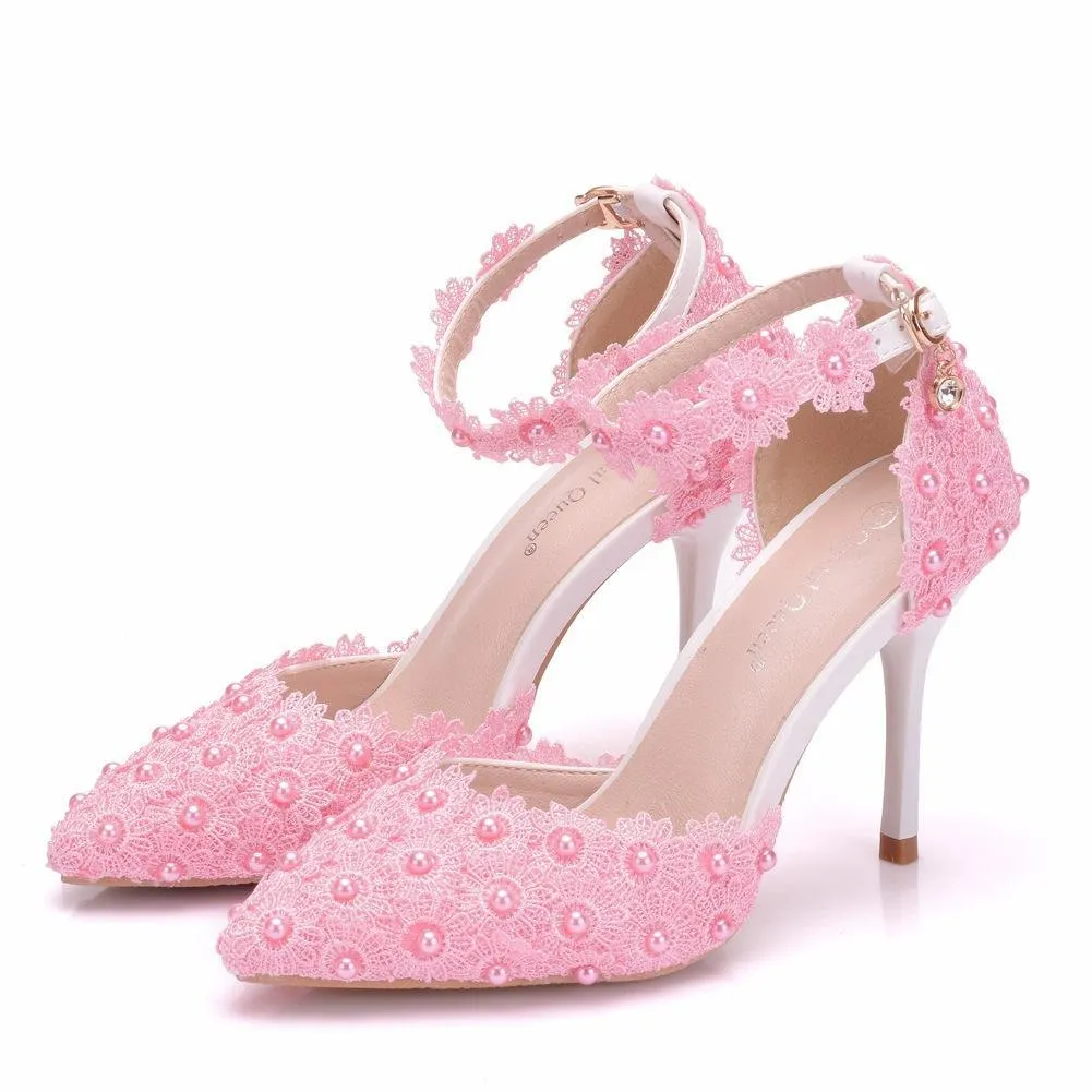 White lace closed toe ankle strap wedding heels
