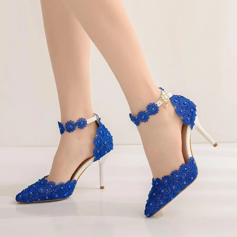 White lace closed toe ankle strap wedding heels