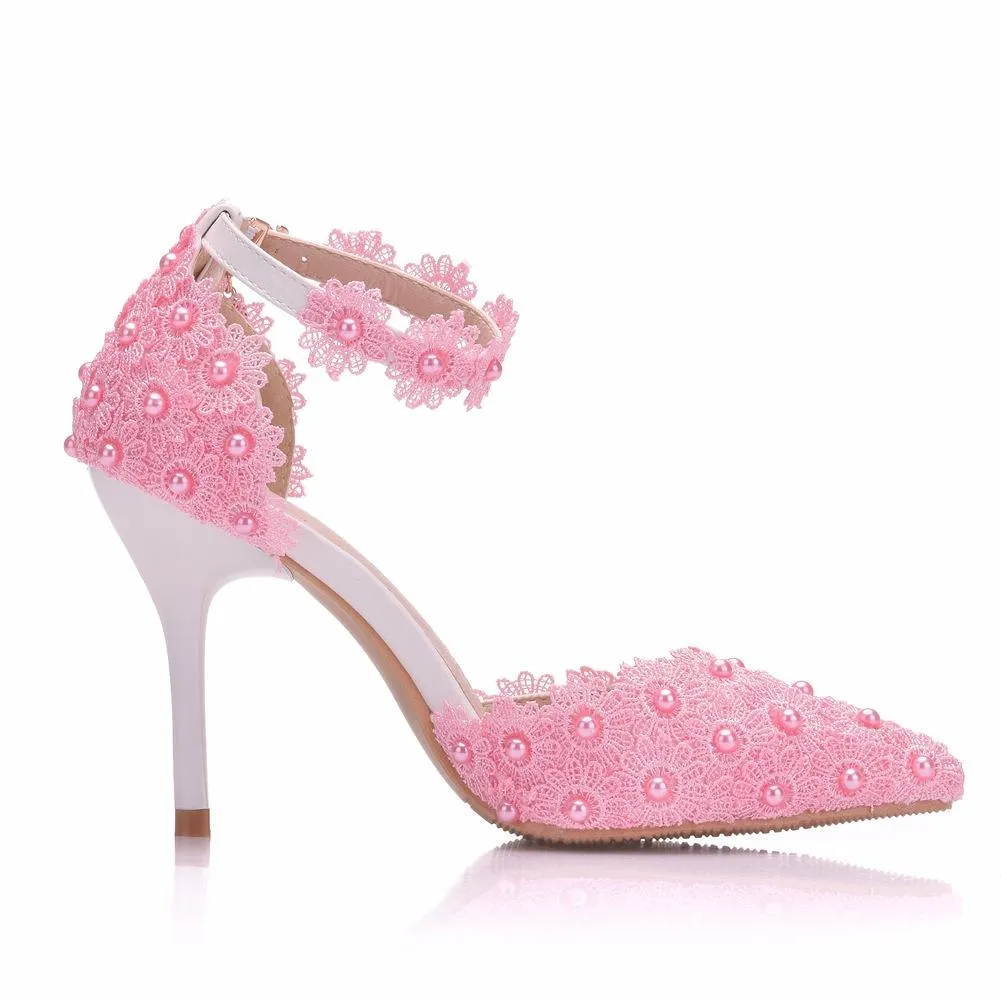 White lace closed toe ankle strap wedding heels