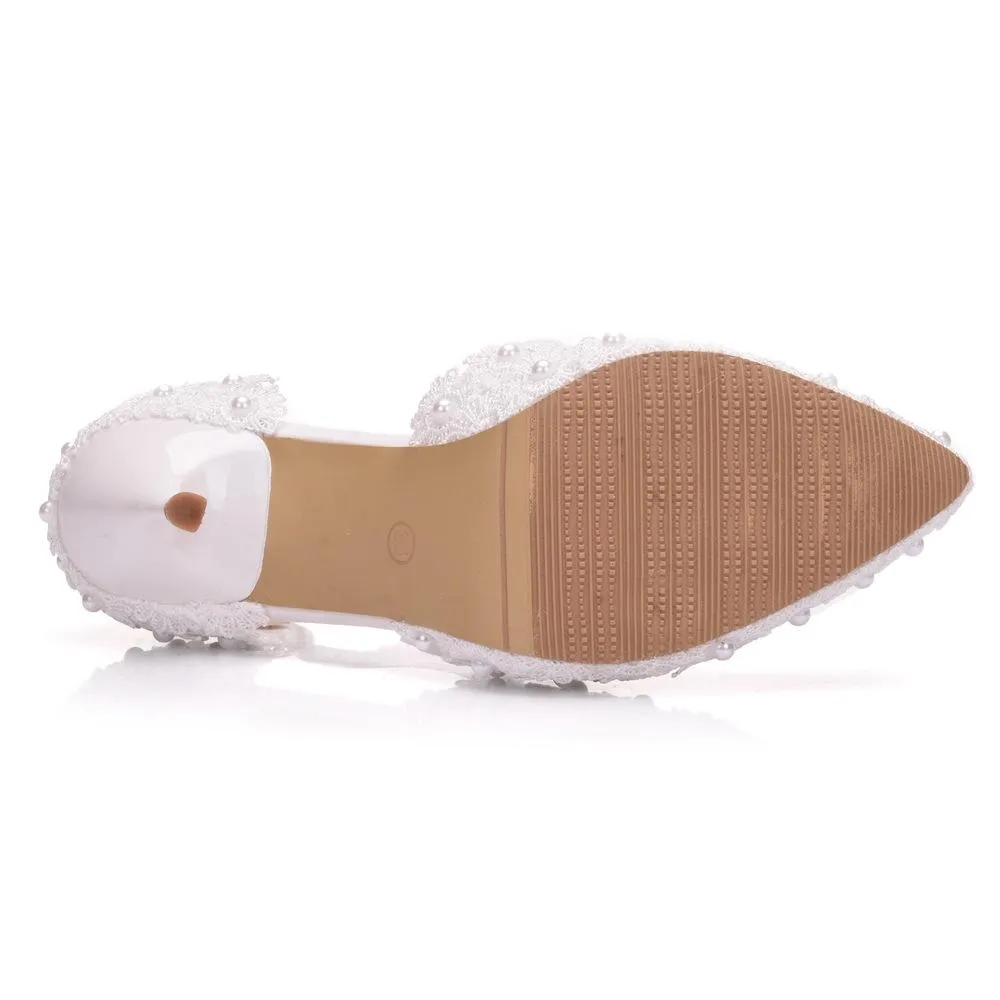 White lace closed toe ankle strap wedding heels