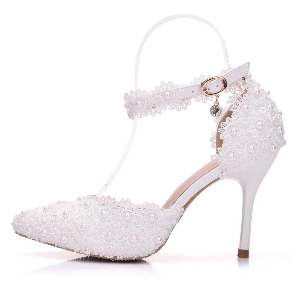 White lace closed toe ankle strap wedding heels