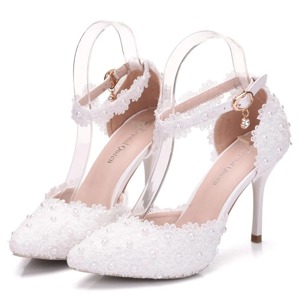 White lace closed toe ankle strap wedding heels
